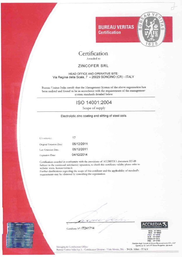 Zincofer S.r.l. - Certificate 14001