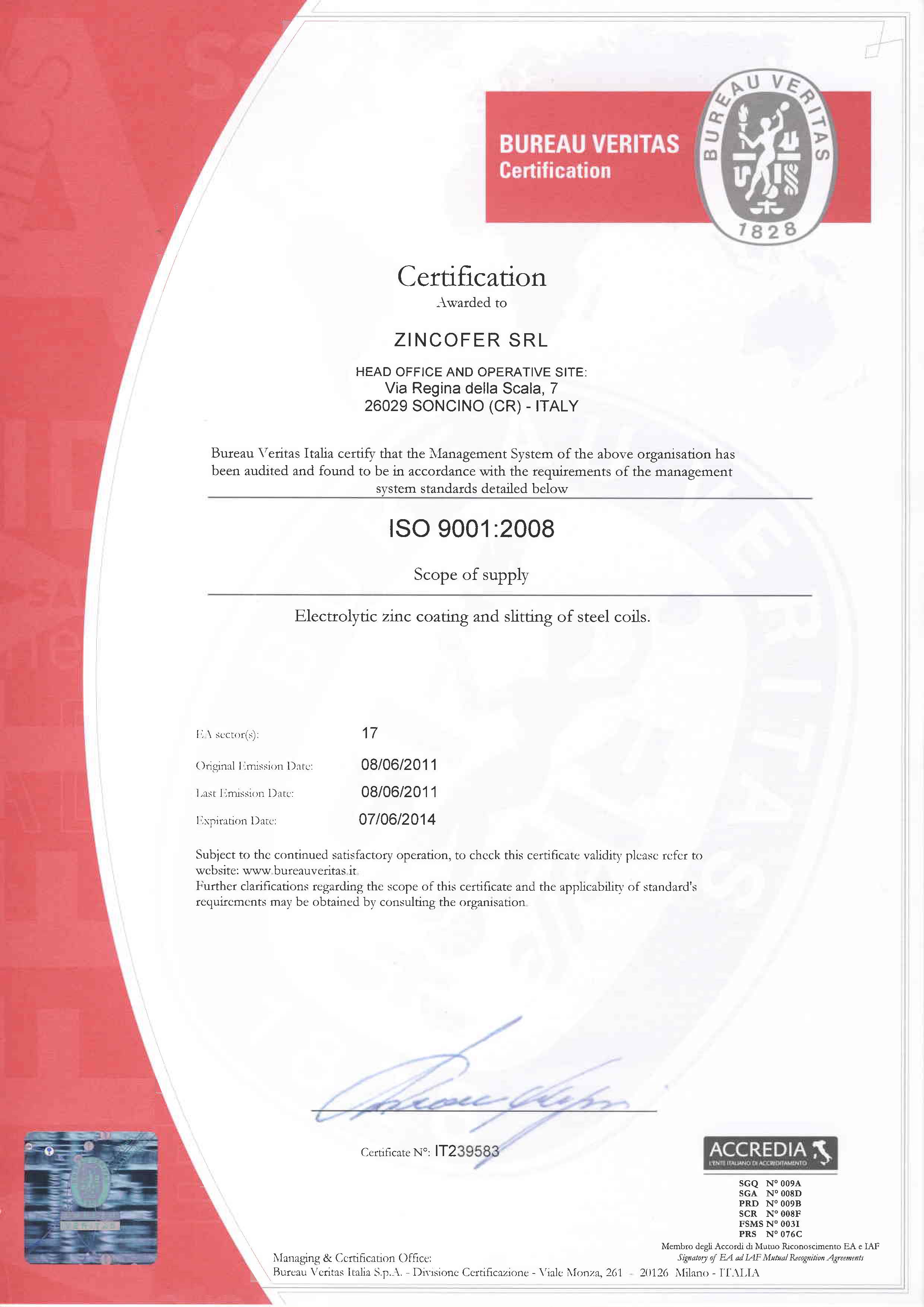 Zincofer S.r.l. - Certificate 9001
